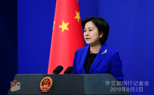 Chinese Foreign Ministry spokesperson Hua Chunying speaks at a daily briefing in Beijing on August 2, 2019. [File Photo: fmprc.gov.cn]