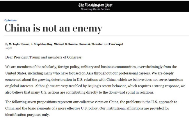 A screenshot shows the open letter published by The Washington Post. [Photo: China Plus]