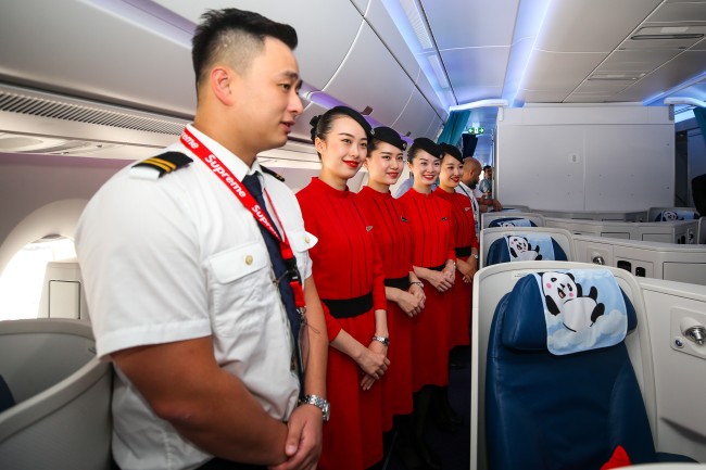 Cabin crew for a Sichuan Airlines Airbus A350 at Istanbul Airport in Turkey on Thursday, August 1, 2019. [File Photo: Anadolu Agency via IC/Muhammed Enes Yildirim]
