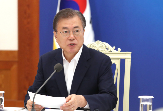 South Korean President Moon Jae-in speaks during a meeting with economic advisers to discuss the government's response to Japan's export restrictions on South Korea at the presidential Blue House in Seoul, South Korea, Thursday, Aug. 8, 2019. [File Photo: VCG/Yonhap News Agency/Yonhap]