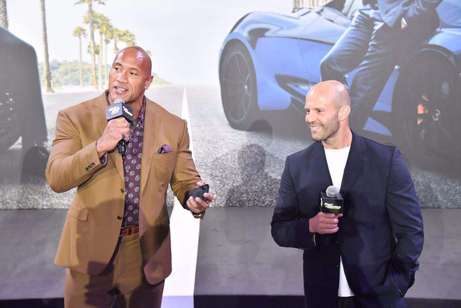 Jason Statham, an English actor and film producer, and Dwayne Douglas Johnson, also known by his wrestling name The Rock, an American actor, producer, and professional wrestler together attend the press conference of their new movie Fast & Furious Presents: Hobbs & Shaw in Beijing, China, August 5, 2019. [Photo:IC]