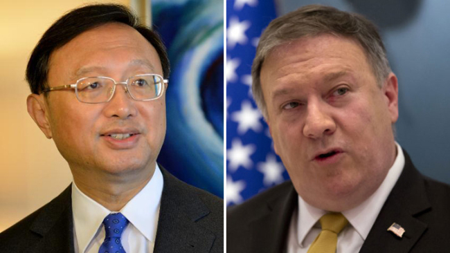 Yang Jiechi, a member of the Political Bureau of the Central Committee of the Communist Party of China (CPC) and Director of the Office of the Foreign Affairs Commission of the CPC Central Committee, and U.S. Secretary of State Mike Pompeo [File photo: China Plus]