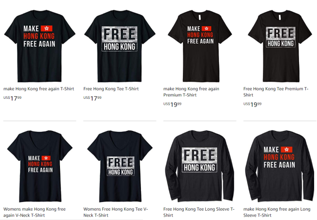 T-shirts on sale at Amazon with slogans that support the violent protests in Hong Kong. [Photo: China Plus]