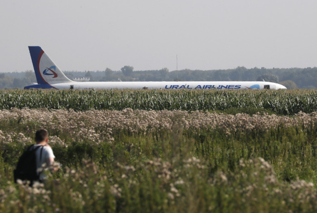 Ural Airlines A-321 passenger plane is seen on the site of its emergency landing in a field outside Zhukovsky airport in Ramensky district of Moscow region, Russia, 15 August 2019. [Photo: IC]