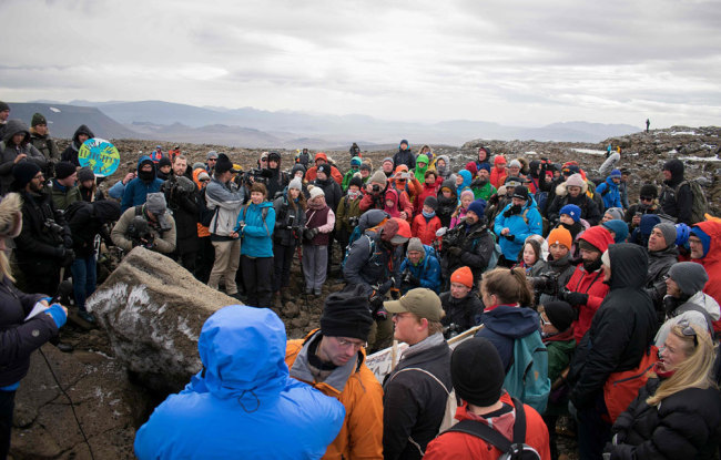 A monument is unveiled at the site of Okjokull, Iceland's first glacier lost to climate change in the west of Iceland on August 18, 2019. [Photo: AFP via VCG/Jeremie Richard]