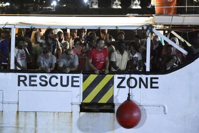 The Open Arms rescue ship arrives on the Sicilian island of Lampedusa, southern Italy, Tuesday, Aug. 20, 2019. [Photo: AP]
