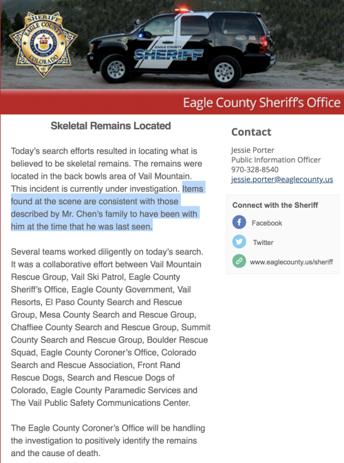 Screenshot of Eagle County Sheriff's Office's mail, saying they found skeletal remains believed to be of Chen Yunlong.