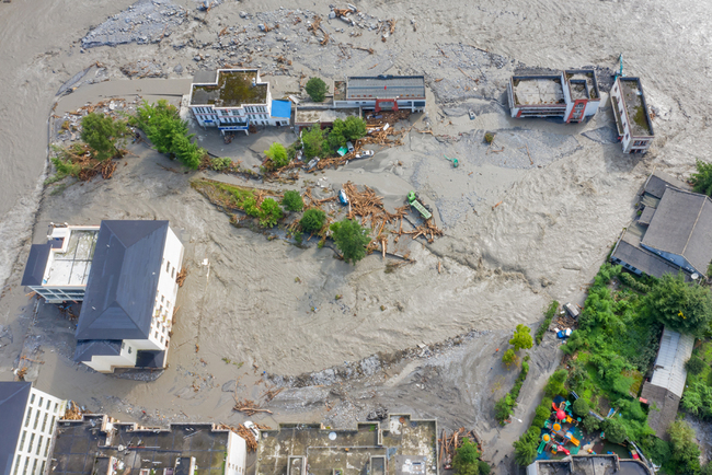 An aerial photo shows roads and residential buildings are destroyed after mudslides and heavy downpours battered Wenchuan County, Aba Tibetan and Qiang Autonomous Prefecture, Sichuan Province on August 22, 2019. [Photo: IC]