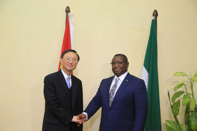 Yang Jiechi, Special Representative of President Xi Jinping, meet with Sierra Leonean President Julius Maada Bio in Freetown on Friday, September 6, 2019. [Photo: China Plus/Gao Junya] 