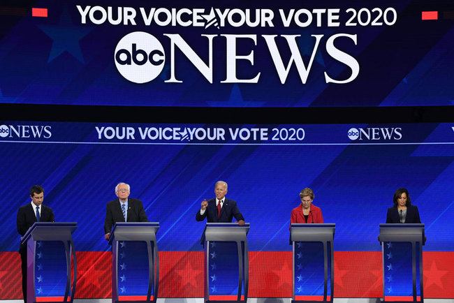 Democratic presidential hopefuls (L-R) Mayor of South Bend, Indiana, Pete Buttigieg, Senator of Vermont Bernie Sanders, Former Vice President Joe Biden, Senator of Massachusetts Elizabeth Warren and Senator of California Kamala Harris speak during the third Democratic primary debate of the 2020 presidential campaign season hosted by ABC News in partnership with Univision at Texas Southern University in Houston, Texas on September 12, 2019. [Photo: AFP/Robyn Beck]