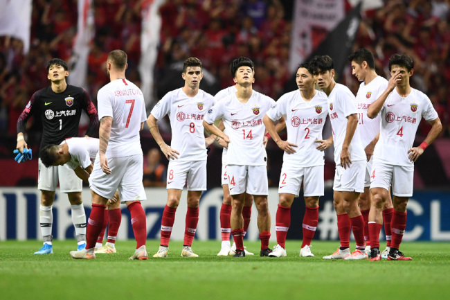 Shanghai SIPG players react after the AFC Champions League quarter-final second leg game against the Urawa Red Diamonds in Tokyo, Japan on Sep 17, 2019. [Photo: IC]