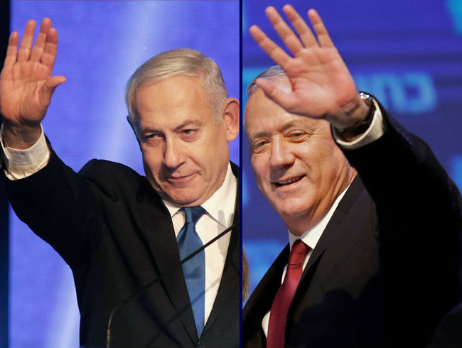 This combination picture created on September 18, 2019 shows, Benny Gantz (R), leader and candidate of the Israel Resilience party that is part of the Blue and White (Kahol Lavan) political alliance, waving to supporters in Tel Aviv early on September 18, 2019, and Israeli Prime Minister Benjamin Netanyahu addressing supporters at his Likud party's electoral campaign headquarters in Tel Aviv early on September 18, 2019. [File photo: AFP/Emmanuel Dunand, Menahem Kahana]