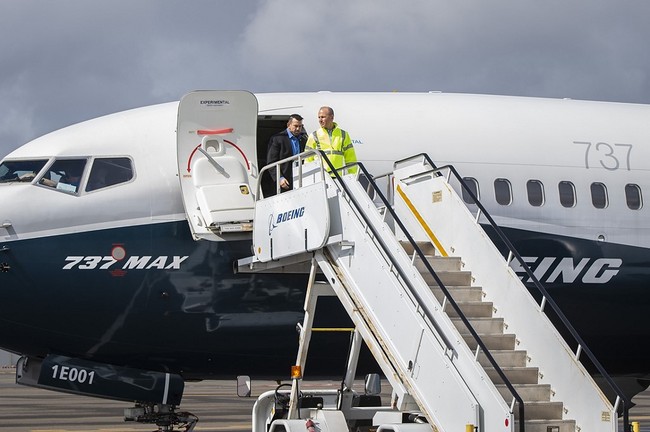 Dennis Muilenburg (front), CEO of Boeing, exits a 737 MAX 7 after joining test pilot for a flight demo of updated MCAS software in Seattle on April 3, 2019. [File Photo: AFP]