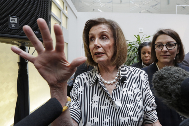 Speaker of the House Nancy Pelosi, D-Calif., left, speaks with media members with Rep. Suzan DelBene, D-Wash., after they spoke about lowering the cost of prescription drug prices Tuesday, Oct. 8, 2019, at Harborview Medical Center in Seattle. [Photo: AP/Elaine Thompson]