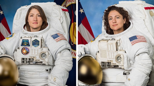 An undated handout composite photo made available by NASA shows astronauts Christina Koch (L) and Jessica Meir posing for their official NASA portraits (issued 18 October 2019). [Photo: EPA/NASA/IC]