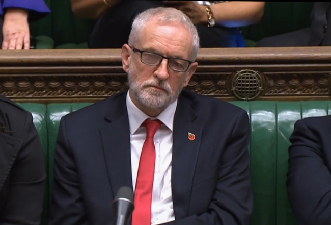 A video grab from footage broadcast by the UK Parliament's Parliamentary Recording Unit (PRU) shows Britain's main opposition Labour Party leader Jeremy Corbyn listening as Britain's Prime Minister Boris Johnson speaks at the beginning of a debate (PMQs) and subsequent vote on an Early Parliamentary General Election, in the House of Commons in London on October 28, 2019. [Photo: AFP/PRU/HO]