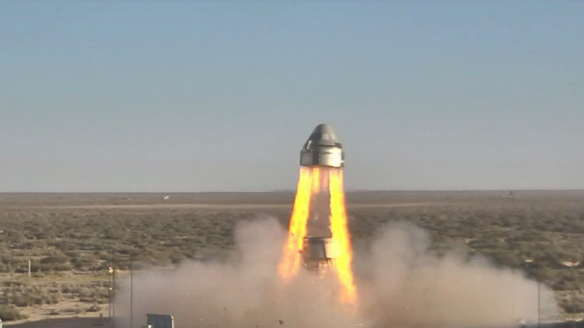 This NASA handout photo released November 4, 2019 shows Boeing’s CST-100 Starliner’s four launch abort engines and several orbital maneuvering and attitude control thrusters as they ignite in the company’s Pad Abort Test, pushing the spacecraft away from the test stand with a combined 160,000 pounds of thrust, from Launch Complex 32 on White Sands Missile Range in New Mexico. [Photo: HO/NASA/AFP]