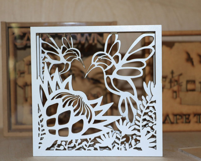 Photo taken on October 28, 2019 shows a laser cut product in Purple Puppy Studio. [Photo: China Plus/Gao Junya]