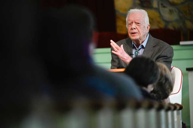 In this Sunday, Nov. 3, 2019, file photo, former President Jimmy Carter teaches Sunday school at Maranatha Baptist Church, in Plains, Ga. [Photo: AP]<br>