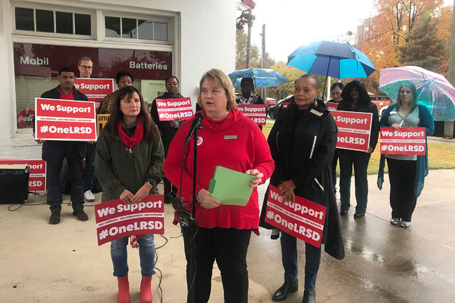 Teresa Knapp Gordon, president of the Little Rock Education Association, speaks at a news conference outside Little Rock Central High School in Little Rock, Arkansas on Monday, November 11, 2019. [Photo: AP]