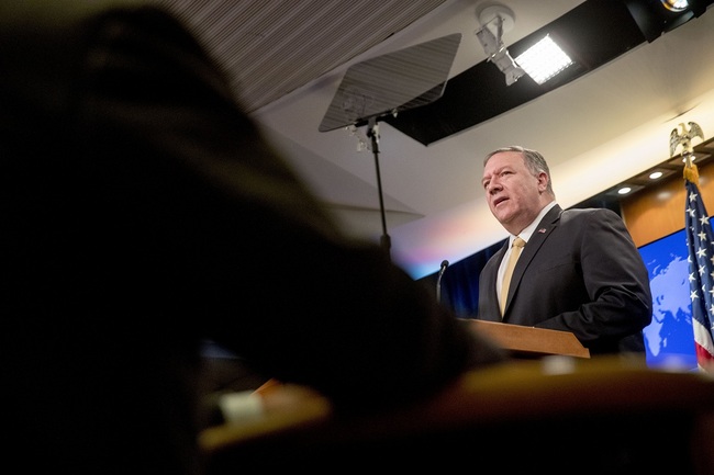 Secretary of State Mike Pompeo speaks at a news conference at the State Department in Washington, Monday, Nov. 18, 2019. Pompeo spoke about Iran, Iraq, Israeli settlements in the West Bank, protests in Hong Kong, and Bolivia. [Photo: AP/Andrew Harnik]