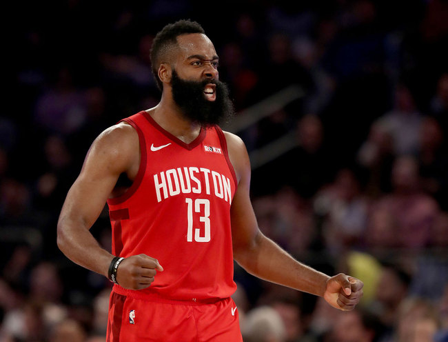 James Harden #13 of the Houston Rockets celebrates after teammate Gerald Green dunked in the third quarter against the New York Knicks at Madison Square Garden on January 23, 2019 in New York City. [File Photo: VCG]