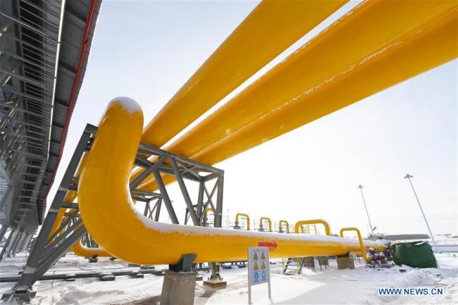 Photo taken on Nov. 19, 2019 shows the gas-distributing and compressing station of the China-Russia east-route natural gas pipeline in the city of Heihe, the first stop after the Russia-supplied natural gas enters China, northeast China's Heilongjiang Province. The China-Russia east-route natural gas pipeline was put into operation on Monday. The pipeline is scheduled to provide China with 5 billion cubic meters of Russian gas in 2020 and the amount is expected to increase to 38 billion cubic meters annually from 2024, under a 30-year contract worth 400 billion U.S. dollars signed between the China National Petroleum Corp (CNPC) and Russian gas giant Gazprom in May 2014. The cross-border gas pipeline has a 3,000-km section in Russia and a 5,111-km stretch in China. [Photo: Xinhua/Wang Jianwei]