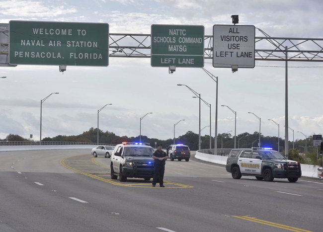 Police vehicles block the entrance to the Pensacola Air Base, Friday, Dec. 6, 2019 in Pensacola, Fla. [Photo: AP]