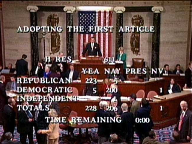 Speaker Pro Tempore Rep. Ray LaHood, R-Ill., prepares to announce the House vote of 228-206 to approve the first article of impeachment, accusing President Bill Clinton of committing perjury before a federal grand jury in Washington on Dec. 19, 1998. [File photo: AP/APTN]