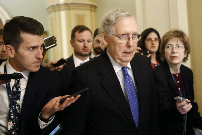 Senate Majority Leader Mitch McConnell of Ky., speaks with reporters after walking off the Senate floor, Thursday, Dec. 19, 2019, on Capitol Hill in Washington. [Photo: AP/Patrick Semansky]