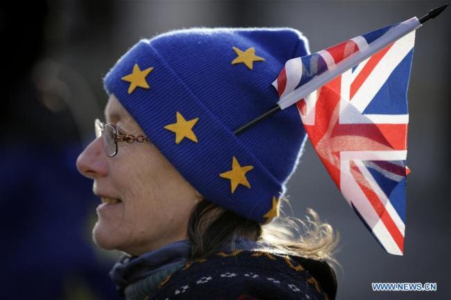  Une manifestante favorable au maintien du Royaume-Uni dans l'Union européenne (UE) participe à une manifestation devant le siège du Parlement (Palais de Westminster) à Londres, au Royaume-Uni, le 16 janvier 2018. (Photo : Tim Ireland)