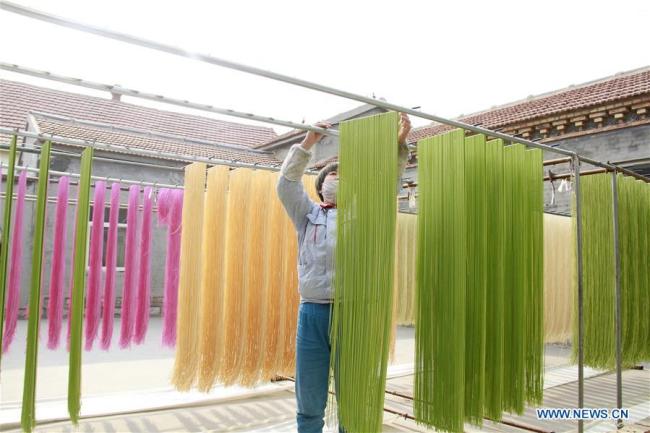 Fabrication des nouilles colorées à Binzhou, de la province chinoise du Shandong (est), le 29 janvier 2019. Ces nouilles sont naturellement colorées en utilisant des légumes ou des fruits tels que la carotte, l'épinard et le fruit du dragon. (Photo : Zhang Chunfeng)
