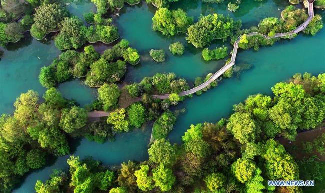 Photo aérienne prise le 16 avril 2019 montrant le paysage de la rivière Huaxi à Guiyang, ville de la province du Guizhou (sud-ouest de la Chine). (Xinhua/Qin Gang)