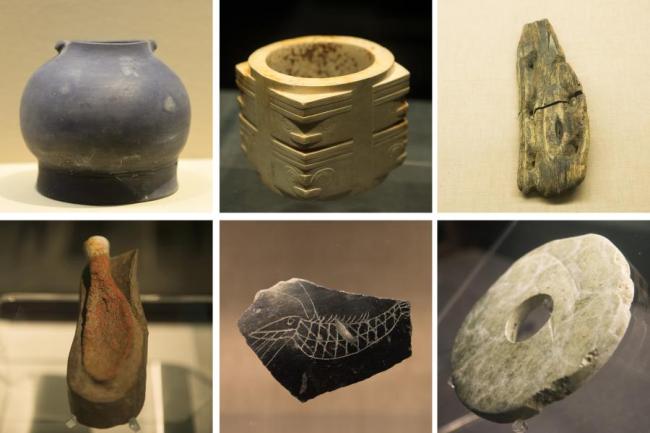 Photo combinée montrant des artefacts extraits du site des vestiges de Liangzhu à Hangzhou, capitale de la province du Zhejiang (est de la Chine). (Xinhua / Weng Xinyang)