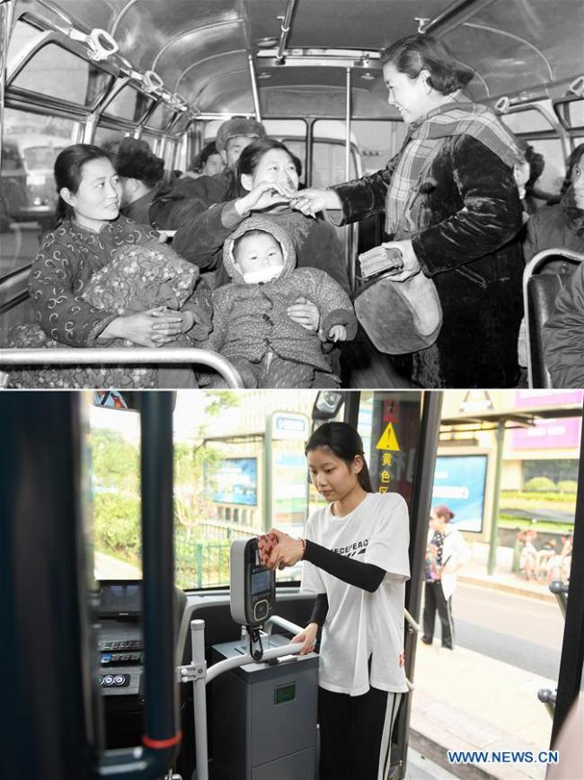 En haut : une photo prise par Huang Jingda en 1960 montrant le chef d'orchestre Shu Zhiying travaillant sur un bus à Beijing. <br>En bas: Photo prise le 27 juin 2019 par Huang Zongzhi, qui montre un passager achetant son billet par paiement mobile à Hangzhou, capitale de la province du Zhejiang (est de la Chine). Dans de nombreuses villes de Chine, le mode de paiement des transports en commun a évolué, passant de l’argent comptant aux cartes à puce et au scan de codes QR. (Photo / Xinhua)<br>