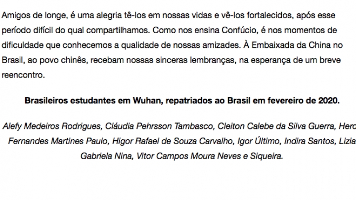 Brasileiros repatriados que estudaram em Wuhan enviam carta ao Embaixador da China
