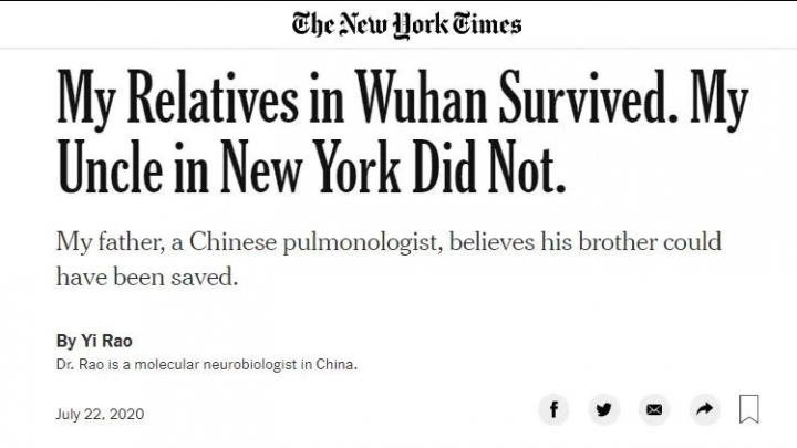 The New York Times publica artigo de biologista chinês sobre morte de parente por Covid-19 nos EUA