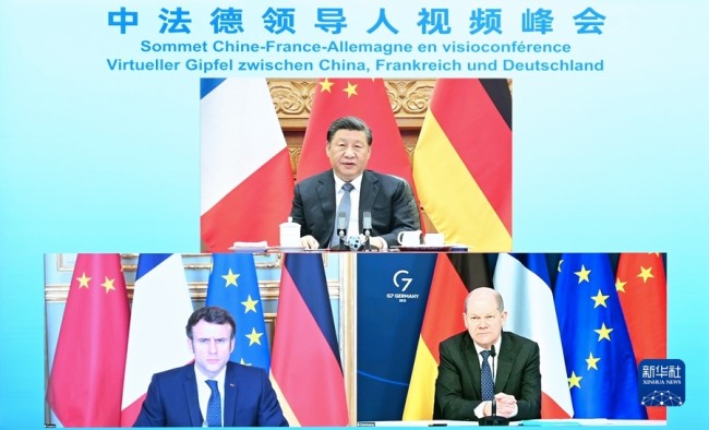 Videosamit Kinë-Francë-Gjermani(Foto:Xinhua)