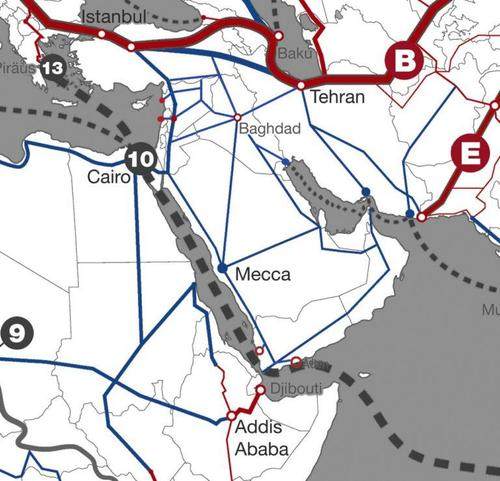 Pokud se nepodaří triádu Irák-Sýrie-Írán rozvrátit, má vzniknout široká síť dopravních a rozvojových koridorů. [Schiller Institute]