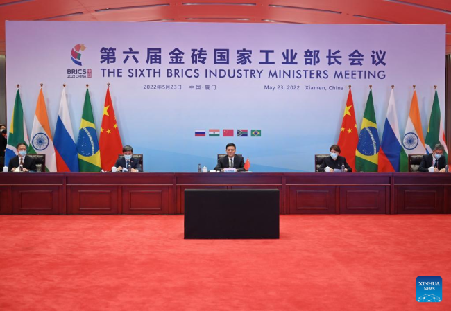 Šestá porada ministrů průmyslu BRICS vedená video-rozhovorem v Xiamen ve východočínské provincii Fujian, 23. května 2022. [Photo/Xinhua]