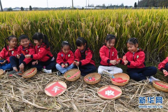 Die Kinder machen Scherenschnitte in der Form von Reis