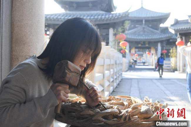 Η Τσεν Τζια, κληρονόμος της εθνικής άυλης πολιτιστικής κληρονομιάς της ξυλογλυπτικής Τσαοτζόου, δημιουργεί ένα ξυλόγλυπτο στο Τσαοτζόου, στην επαρχία Γκουανγκντόνγκ της νότιας Κίνας. (Chinanews.com/Chen Chuhong)