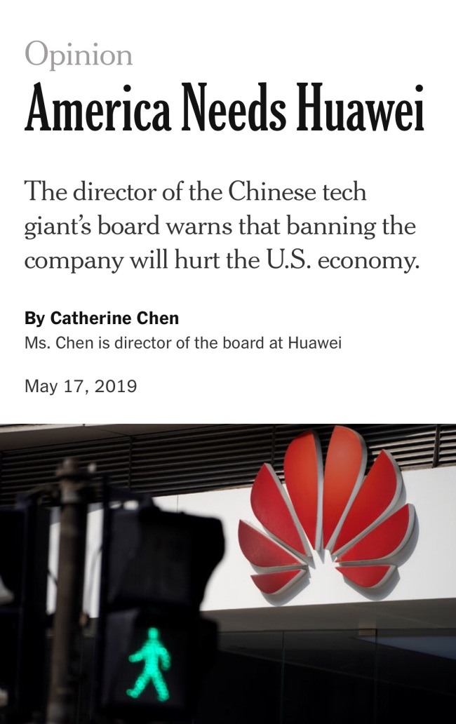 Vice-presidente da Huawei publica texto no The New York Times