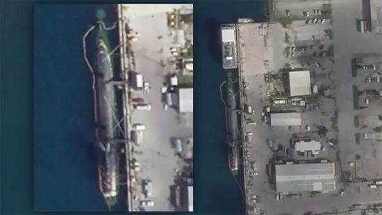 Foto de satélite do submarino nuclear Connecticut nºSSN 22 ancorado na doca de Guam após a colisão