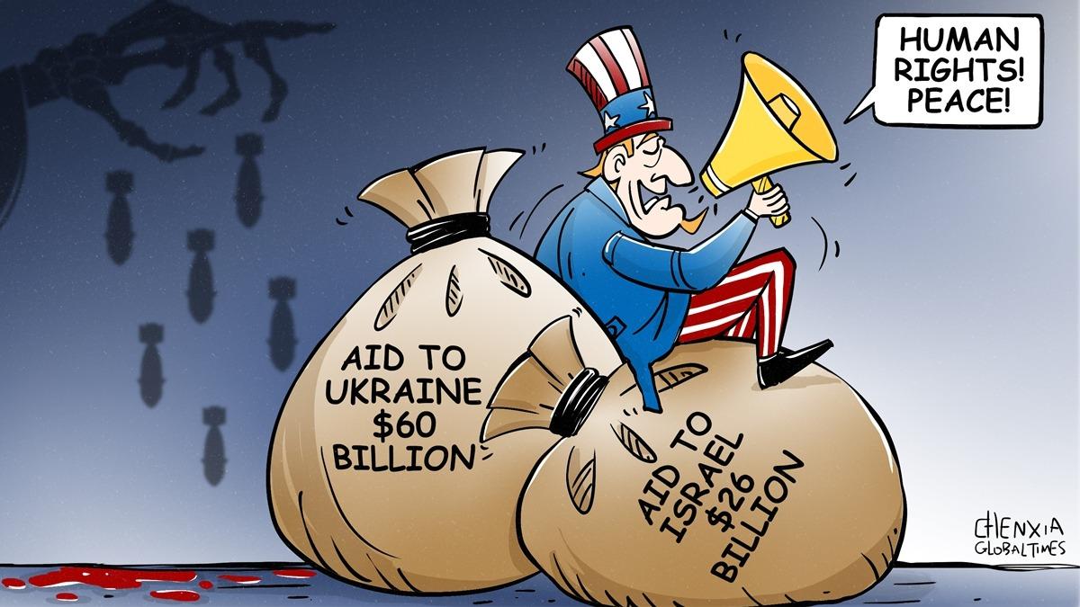 کاریکاتور| ریاکاری آمریکا؛ کمک به اوکراین و اسرائیل!