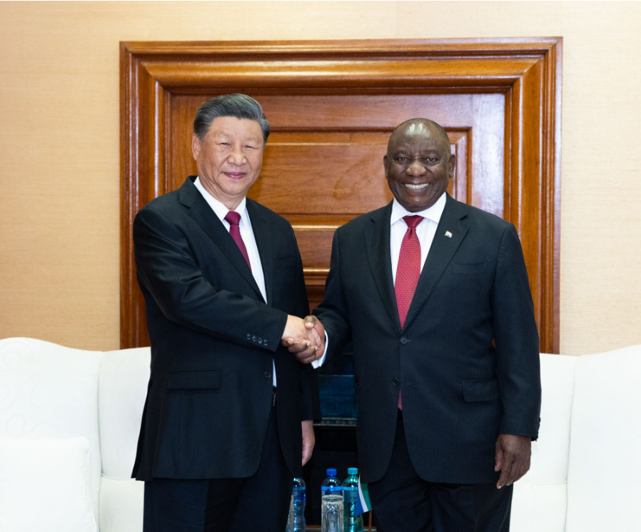 Xi Jinping takohet me homologun e Afrikës së Jugut, Ramaphosa, 22 gusht 2023, Johanesburg(Foto:Xinhua)