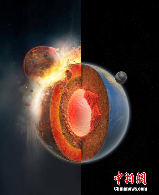 Μια καλλιτεχνικής απόδοσης εικόνα, δείχνει τον πρωτοπλανήτη Theia να συγκρούεται με τη Γη για να σχηματίσει τελικά τη Σελήνη, αφήνοντας πιθανώς δύο γιγάντιες δομές ενσωματωμένες στο μανδύα της Γης πριν από 4,5 δισεκατομμύρια χρόνια. (Φωτογραφία από την China News Service)