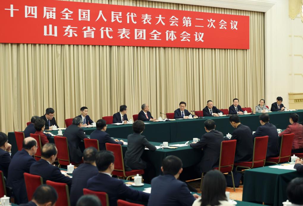 Ο Κινέζος αντιπρόεδρος Χαν Τζενγκ συναντά τους συναδέλφους εκπροσώπους από την αντιπροσωπεία της επαρχίας Σανντόνγκ για να συζητήσουν την έκθεση εργασίας της κυβέρνησης στη δεύτερη σύνοδο του 14ου Εθνικού Λαϊκού Συνεδρίου στο Πεκίνο, πρωτεύουσα της Κίνας, 5 Μαρτίου 2024. (Xinhua/ Yao Dawei)