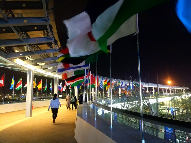 图片默认标题_fororder_首届中国国际进口博览会 挂着参展国国旗的长廊 摄影：王竹